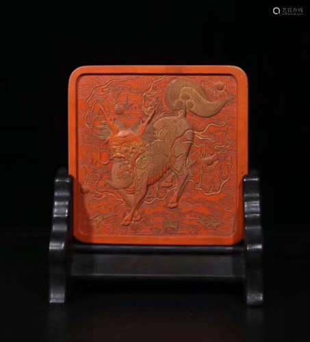 TWO SIDE CARVED QILIN AND POEM SCREEN