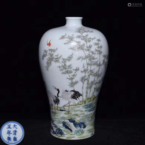 A FAMILLE-ROSE CRANE PATTERN MEI VASE WITH MARK