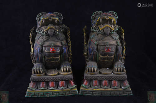 PAIR QILIN BEAST SHAPED BRONZE COLOR STATUES