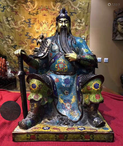 A CLOISONNE ENAMEL GUANYU FIGURE