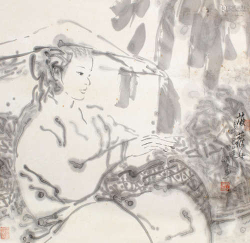 吴山明（b.1941） 辛巳（2001）年作 菠萝女 镜框 水墨纸本