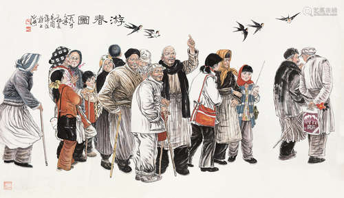 毛国伦（b.1944） 1984年作 游春图 镜片 设色纸本