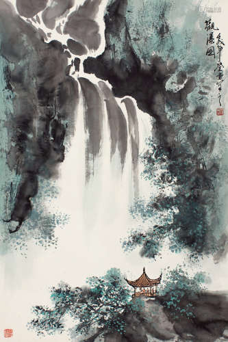 张登堂（b.1944） 壬戌（1982）年作 观瀑图 镜片 设色纸本