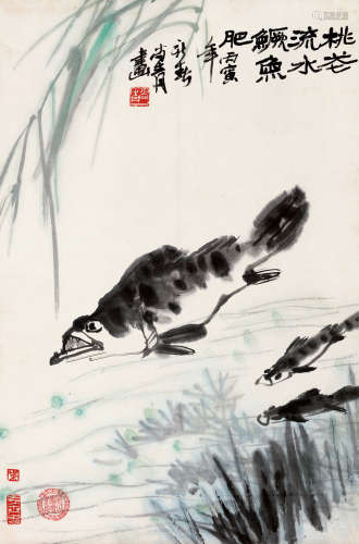 叶尚青（b.1930） 丙寅（1986）年作 桃花流水鳜鱼肥 立轴 设色纸本