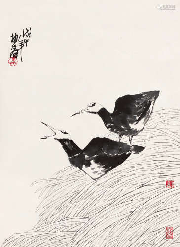 卢坤峰（b.1934） 戊午（1978）年作 双禽 立轴 水墨纸本