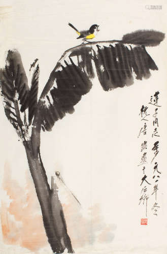 唐云（1910～1993） 1981年作 蕉叶小鸟 镜片 设色纸本