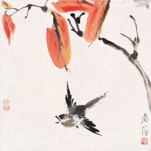 唐云（1910～1993） 红叶小鸟 镜片 设色纸本