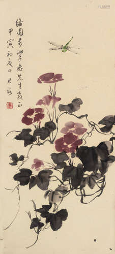 潘君诺（1906～1981） 甲寅（1974）年作 蜻蜓牵牛花 立轴 设色纸本