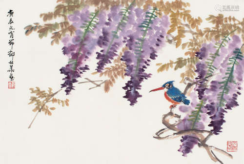 郁文华（b.1921） 庚辰（2000）年作 紫藤翠鸟 镜片 设色纸本
