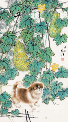 方楚雄（b.1950） 甲申（2004）年作 瓜藤犬戏 镜片 设色纸本