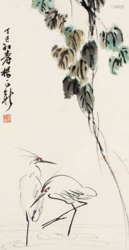 杨正新（b.1942） 丁巳（1977）年作 秋鹭 立轴 设色纸本