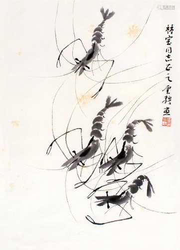 张云骋（b.1924） 墨虾 镜片 水墨纸本