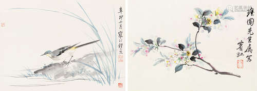 江寒汀 黄宾虹（1904～1963） 花鸟 桃花 镜片 设色纸本