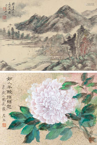 吴琴木 庞左玉（1894～1953） 夏山雨霁 牡丹 镜片 设色纸本