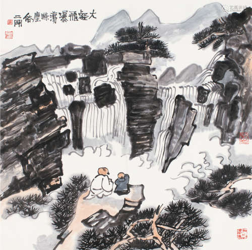 刘二刚（b.1947） 观瀑图 镜片 设色纸本