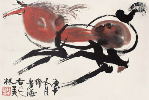 韩美林（b.1936） 庚午（1990）年作 骏马 镜框 设色纸本