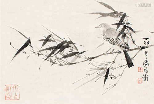 韩天衡（b.1940） 丁卯（1987）年作 墨竹小鸟 镜片 水墨纸本