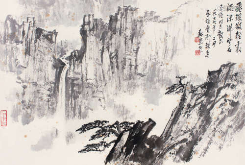 魏紫熙（1915～2002） 1979年作 松云飞瀑 镜框 水墨纸本