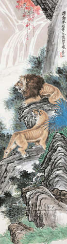 朱文侯（1895～1961） 双狮图 镜片 设色纸本