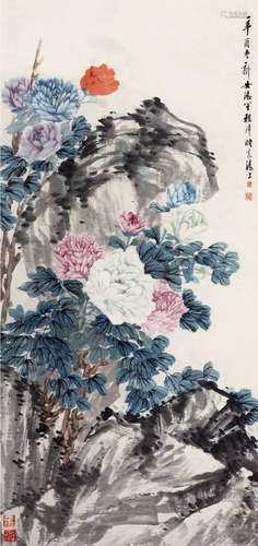 程璋（1869～1938） 辛酉（1921）年作 富贵花开 立轴 设色纸本