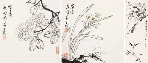 徐子鹤（1916～1999） 花卉 （三帧） 镜片 水墨设色纸本