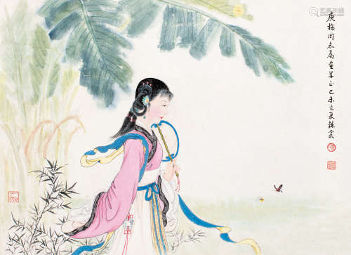 周錬霞（1908～2000） 己未（1979）年作 蕉荫扑碟 镜片 设色纸本