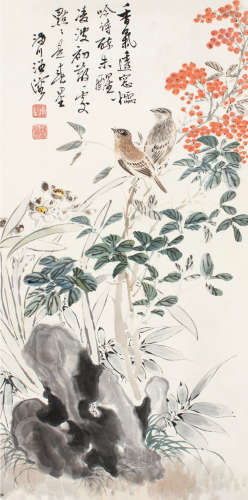 汪溶（1895～1972） 天竺双雀 镜片 设色纸色