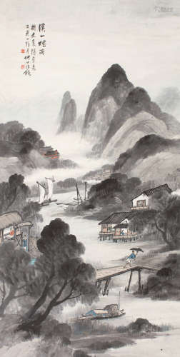 汪琨（1877～1947） 丁亥（1947）年作 溪山烟雨 立轴 设色纸本