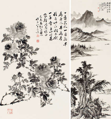 邓怀农（1894～1986） 四时花开·诗家无限意 镜片 水墨纸本