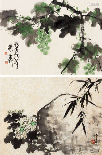 谢稚柳 陈佩秋（1910～1997） 1979年作 葡萄 竹石菊 镜片 设色纸本