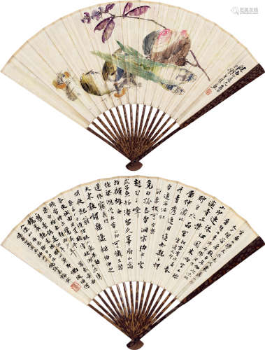 陈康侯 梅鹤孙（1866～1937） 果蔬草虫 书法 成扇 设色纸本