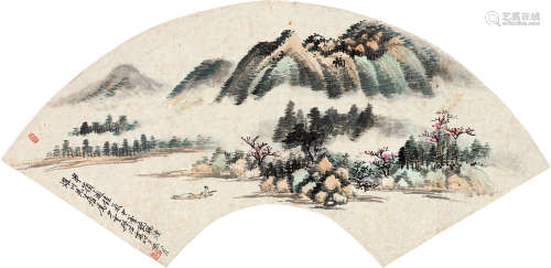 樊浩霖（1885～1962） 丁亥（1947）年作 云山行舟图 扇面 设色纸本