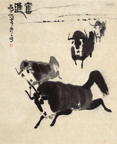 吴作人（1908～1997） 1979年作 奋进 镜片 水墨纸本