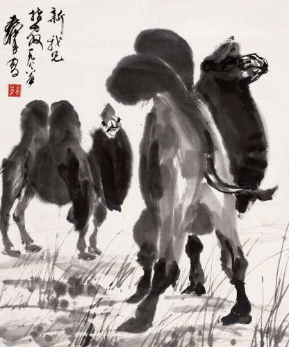 黄胄（款） 1986年作 骆驼 镜片 水墨纸本