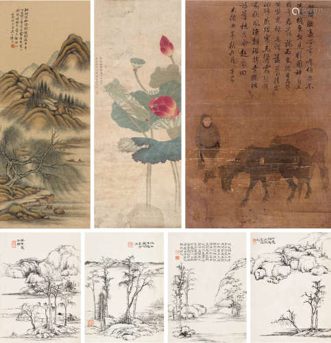 陆恢 恽冰 赵孟頫 曹启东（1851～1920）（款） 壬辰（1892）年作 柳荫钓艇 莲 牧马图 山水册 镜片 册页 设色纸本 绢本/水墨纸本