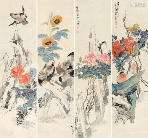 任伯年（1840～1895） 壬申（1872）年作 四时花鸟 四屏 镜片 设色纸本