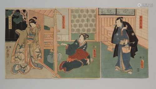 Toyokuni III, triptyque, trois acteurs dans un int...