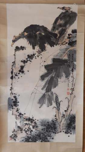 Peinture en 'kakemono' représentant deux vautours....