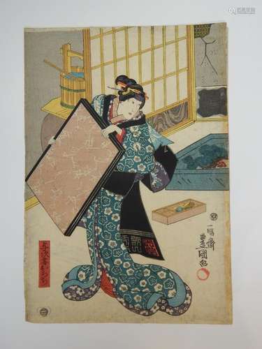 Toyokuni III, oban tate e, femme dans un intérieur...