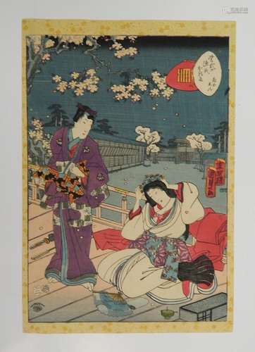 Kunisada, série du prince Genji, couple sur une en...