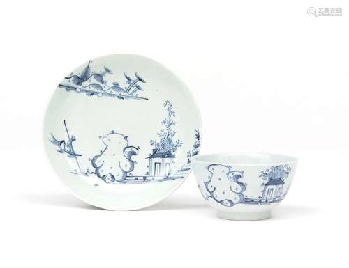 A Richard Chaffers (Liverpool) blue and white teabowl and saucer c.1760, painted with the Triffid