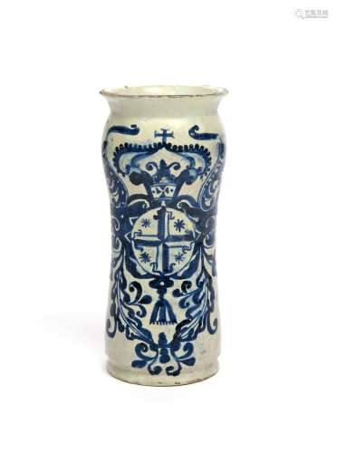 A Talavera maiolica albarello c.1675, the tall narrow form painted in blue with a crowned
