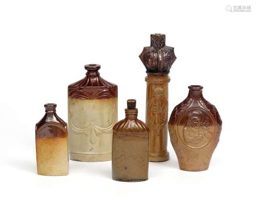 Five brown stoneware spirit flasks 19th century, one by Stephen Green and modelled as a tipstaff,