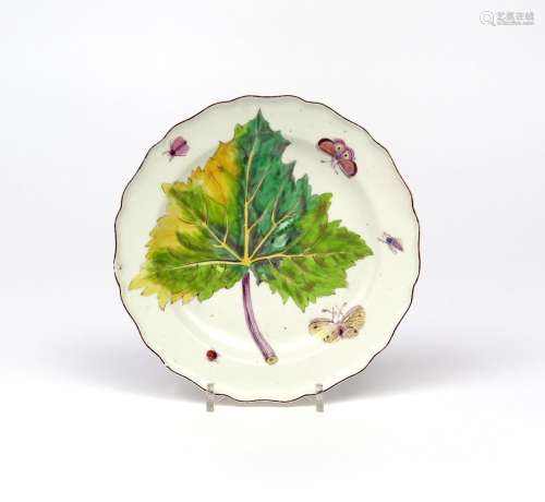 A Chelsea Hans Sloane plate c.1755, painted with a large botanical leaf amidst butterflies and other