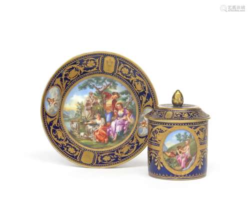 A Vienna-style cabinet cup with cover and stand late 19th century, the can painted with an oval