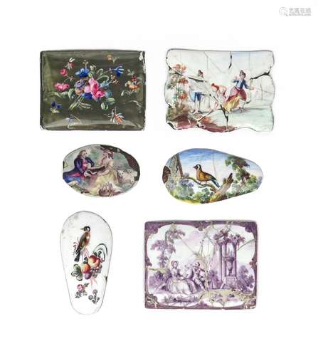 Six enamel plaques or box lids c.1760-80, two shaped and painted with goldfinches, one oval with a