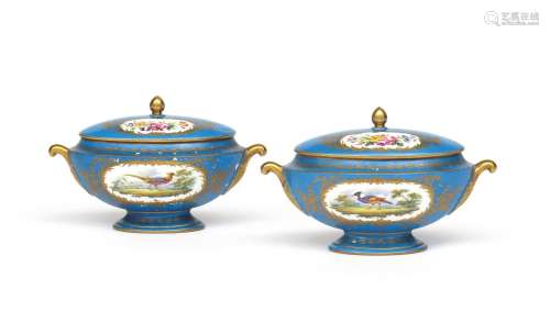 A pair of Sèvres-style small tureens and covers 19th century, the oval forms painted with panels