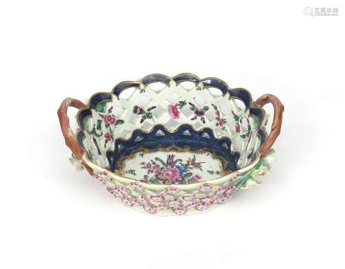 A Worcester two-handled basket c.1770, the oval shape painted to the interior with a panel of