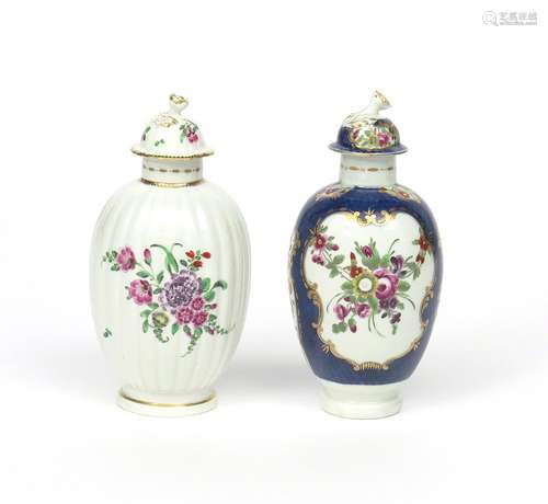 Two Worcester tea canisters and covers c.1765-75, of ovoid form, one painted with panels of floral