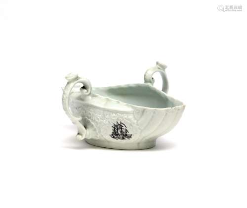 A Worcester two-handled sauceboat c.1755, the exterior printed in black with four vignettes of Men